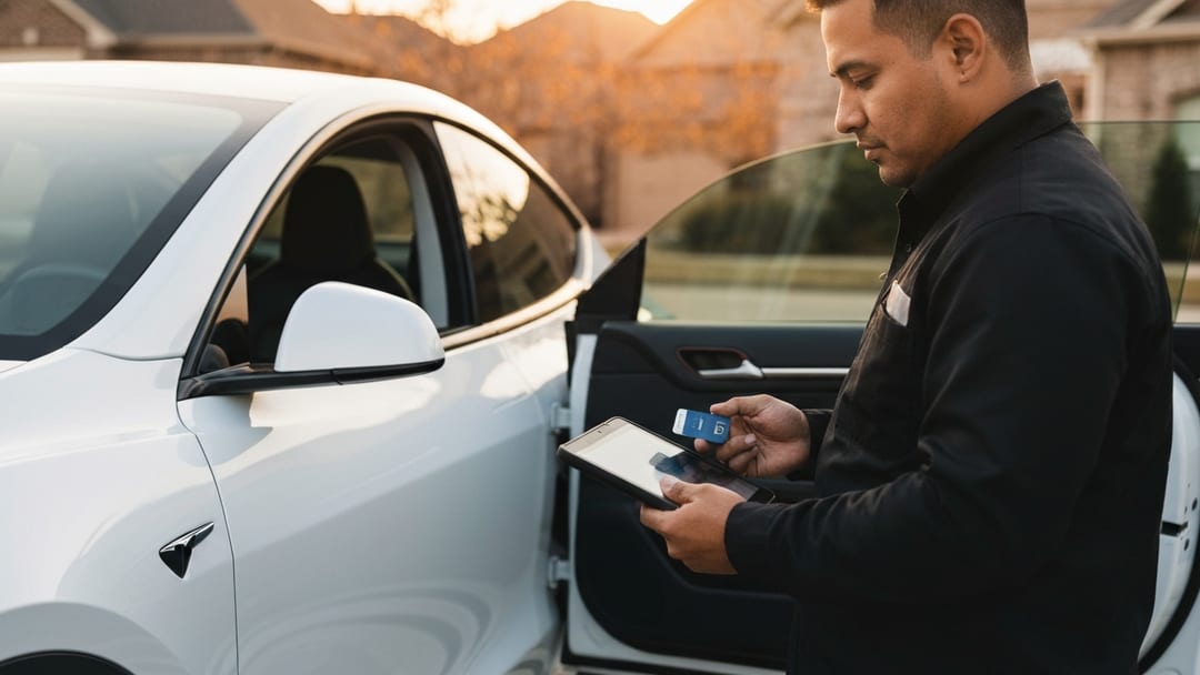 Cerrajero hispano programando una llave inteligente Tesla junto a un EV blanco en Burleson TX